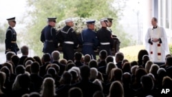The casket carrying Nancy Reagan arrives for her funeral at the Ronald Reagan Presidential Library in Simi Valley, California, March 11, 2016.