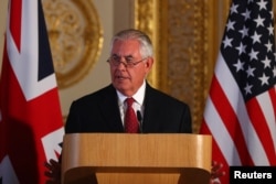 U.S. Secretary of State Rex Tillerson speaks during a news conference at Lancaster house in London, Britain, Sept. 14, 2017.