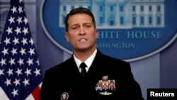 FILE - White House physician Ronny Jackson answers questions about U.S. President Donald Trump's health after the president's annual physical during the daily briefing at the White House in Washington, Jan. 16, 2018. 