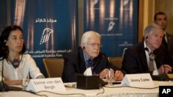 Mantan Presiden AS Jimmy Carter dalam konferensi pers di Kairo, Mesir (26/5). 