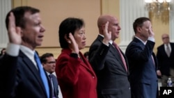 From left are Scott Paul, Tong Yi, H.R. McMaster, and Matthew Pottinger are sworn in as a special House committee dedicated to countering China holds a hearing at the Capitol in Washington, Feb. 28, 2023. 