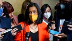 FILE - Rep. Pramila Jayapal, D-Wash, speaks with reporters on Capitol Hill, Oct. 1, 2021.