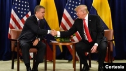 En la foto los presidentes de Colombia, Iván Duque, y de Estados Unidos, Donald Trump, se dan la mano durante la Asamblea General de la ONU. [Foto: cortesía].