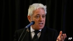 FILE - In this file photo dated Thursday, March 22, 2018, John Bercow, Speaker of the House of Commons speaks at Westminster Hall inside the Palace of Westminster in London. 