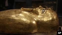 Peti emas bekas mumi Nedjemankh, seorang pendeta pada Zaman Ptolemeus sekitar 2.000 tahun yang lalu, dipajang di Museum Nasional Peradaban Mesir, di Kairo Lama, Mesir, Selasa, 1 Oktober 2019. (Foto: AP)