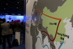 FILE - A map illustrating China's silk road economic belt and the 21st century maritime silk road, or the so-called "One Belt, One Road" megaproject, is displayed at the Asian Financial Forum in Hong Kong, China, Jan. 18, 2016.