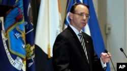 Deputy Attorney General Rod Rosenstein, who has drawn the ire of President Donald Trump for his oversight of investigations of Trump associates, delivers a speech on white collar crime at the New York City Bar Association, in New York, May 9, 2018. 