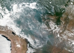 This satellite image provided by NASA shows the fires in Brazil on Aug. 20, 2019. As fires raged in the Amazon rainforest, the government denounced critics who say President Jair Bolsonaro is not doing enough.