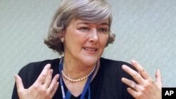 FILE - Pat Schroeder speaks to a reporter during an interview at the Los Angeles Convention Center on April 30, 1999.