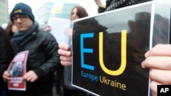 Українські протестувальники біля будівлі Європейської Ради в Брюсселі, 20 лютого 2014 р. AP Photo/Yves Logghe