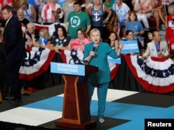 U.S. Democratic presidential nominee Hillary Clinton speaks during a rally at Lincoln High School in Des Moines, Iowa, Aug. 10, 2016.