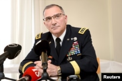 Commander of the U.S. European Command Curtis M. Scaparrotti speaks during his presentation for Finnish National Defense Course Association in Helsinki, Finland, Aug. 9, 2017.