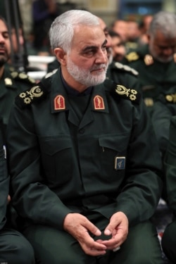 FILE - Gen. Qassim Soleimani attends a meeting of a group of the Guard members with Supreme Leader Ayatollah Ali Khamenei, in Tehran, Iran, Oct. 2, 2019. Authorities said Soleimani survived an attempt on his life in September 2019.