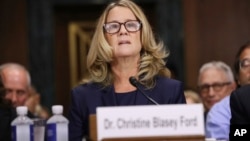 Christine Blasey Ford testifies before the Senate Judiciary Committee, Sept. 27, 2018, in Washington.