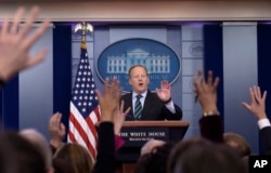 FILE - White House press secretary Sean Spicer speaks during the daily briefing at the White House in Washington, Jan. 25, 2017. Spicer has insisted that a purported draft executive order suggesting President Donald Trump may order a review of how America interrogates suspected terrorists "is not a White House document."