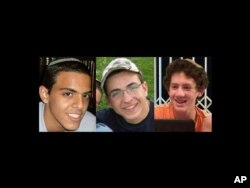 FILE - A combination of three photos of, from left, Israeli teens Eyal Yifrah, 19, Gilad Shaar, 16, and Naftali Fraenkel, a 16-year-old with dual Israeli-U.S. citizenship, who disappeared near Hebron on June 12.
