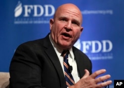 FILE - National security adviser H.R. McMaster speaks during the Foundation for Defense of Democracies National Security Summit in Washington, Oct. 19, 2017.