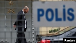 A member of security staff stands at the entrance of Saudi Arabia's consulate in Istanbul, Oct. 20, 2018.