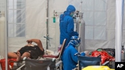 បុគ្គលិក​សុខាភិបាល​ព្យាបាល​អ្នក​ជំងឺ​​កូវីដ១៩ ​​នៅ​ក្នុង​តង់​សម្រាប់​ការ​​​សង្គ្រោះ​បន្ទាន់​​មួយ​ នៅ​មន្ទីរ​ពេទ្យ Dr. Sardjito General Hospital ក្នុង​ទី​ក្រុង Yogyakarta ប្រទេស​ឥណ្ឌូណេស៊ី​កាល​ពី​ថ្ងៃ​ទី​៤ ខែ​កក្កដា ឆ្នាំ​២០២១។