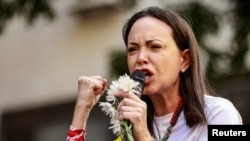 La líder opositora, María Corina Machado, durante una protesta el 9 de enero de 2025.