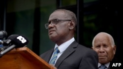 Solomon Islands’ newly elected Prime Minister Jeremiah Manele speaks during a press conference outside Parliament House in Honiara on May 2, 2024.