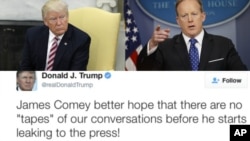 Clockwise, from upper left, President Donald Trump, White House press secretary Sean Spicer, and the president's tweet early Friday to former FBI Director James Comey.