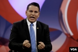 Fabricio Alvarado, presidential candidate of the National Restoration party, takes part in a live televised debate before a second-round presidential election runoff at Supreme Election Tribunal in San Jose, Costa Rica, March 25, 2018.