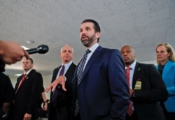 Donald Trump Jr., the son of President Donald Trump, stops to speak to members of the media after having met privately with members of the Senate Intelligence Committee on Capitol Hill, Washington, June 12, 2019.