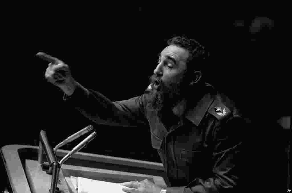 FILE - In this Oct. 12, 1979, file photo, Cuban President Fidel Castro points during his lengthy speech before the U.N. General Assembly, in New York.