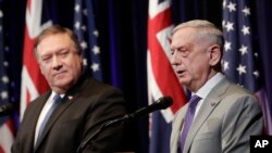 U.S. Secretary of Defense Jim Mattis, right, speaks next to U.S. Secretary of State Mike Pompeo at the 2018 Australia-U.S. Ministerial Consultations in Stanford, California., July 24, 2018. 