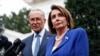 House Speaker Nancy Pelosi speaks with reporters alongside Senate Minority Leader Chuck Schumer outside of the West Wing of the White House after a meeting with President Donald Trump, Oct. 16, 2019, in Washington.