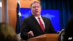 Secretary of State Mike Pompeo answers a question during a news conference, March 26, 2019, at the Department of State in Washington. 