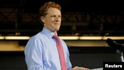 U.S. Rep. Joe Kennedy III (D-MA) takes the stage to deliver the Democratic rebuttal to U.S. President Donald Trump's State of the Union address in Fall River, Massachusetts, Jan. 30, 2018. 