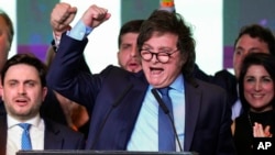 Javier Milei, presidential candidate of the Liberty Advances coalition, speaks at his campaign headquarters after polls closed for general elections in Buenos Aires, Argentina, Oct. 22, 2023. 