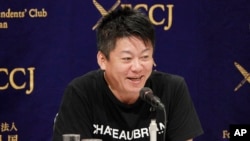 Japanese entrepreneur and Founder of Interstellar Technologies Inc. Takafumi Horie speaks during a press conference in Tokyo, May 15, 2019. 