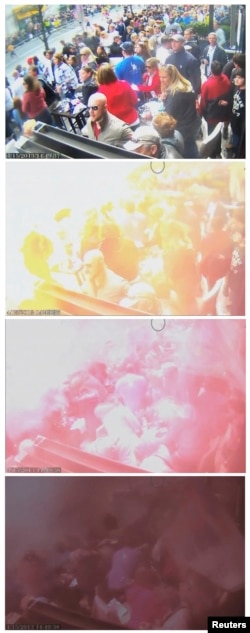 A combination of still images captured from surveillance video at the Boston Marathon shows the scene moments and when the second bomb exploded as a man, marked with a circle by prosecutors (top R) and identified by them as defendant Dzhokhar Tsarnaev, moves rapidly away from the spot near the finish line of the race on April 15, 2013, in this handout video provided by the U.S. Attorney's Office in Boston, March 9, 2015.