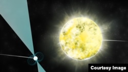 In this illustration from the National Radio Astronomy Observatory, a stellar pair consisting of a pulsar and a white dwarf star is seen.