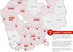 ផែនទី​ផ្តល់​ដោយ​អង្គការ​លីកាដូ​នេះ បង្ហាញ​ពី​ស្ថានីយវិទ្យុ​ FM និង​ស្ថានីយផ្សាយ​បន្តទាំង​៣២​កន្លែង របស់​វិទ្យុ​សំឡេង​សហរដ្ឋ​អាមេរិក (VOA) វិទ្យុ​អាស៊ីសេរី (RFA) និង​វិទ្យុ​សំឡេង​ប្រជាធិបតេ្យ​វីអូឌី (VOD) ​នៅ​តាម​ខេត្ត​ចំនួន​២០​នៃ​ប្រទេស​កម្ពុជា​ដែល​ត្រូវ​រង​ការ​បិទ​ការ​ផ្សាយ​កាល​ពី​ឆ្នាំ​២០១៧។ (ផ្តល់​ឲ្យ​ដោយ​លីកាដូ)