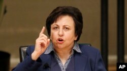 Shirin Ebadi participates in the World Summit of Nobel Peace Laureates, April 25, 2012, in Chicago. On Wednesday, Ebadi urged Iranians to press on with their nationwide protests.