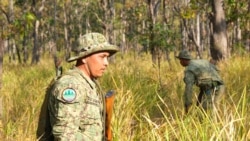 Park rangers show forest patrols to reporters in Cambodia's Srepok Wildlife Sanctuary in Koh Nhek district Mondulkiri on Jan. 17, 2021. (Aun Chhengpor/VOA)