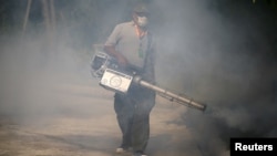 A worker sprays insecticide for mosquitos in Bangkok, Thailand, Jan. 13, 2016. Tropical Southeast Asian countries said they were bracing for the Zika virus, with Malaysia saying it could "spread quickly" if introduced. 