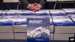 Copies of President Barack Obama’s fiscal 2017 federal budget are displayed by the Senate Budget Committee on Capitol Hill in Washington, Feb. 9, 2016. 