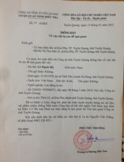 Th&#244;ng b&#225;o bắt tạm giam &#244;ng L&#234; Mạnh H&#224;. Photo Ma Thi Thơ