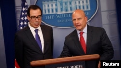 U.S. Treasury Secretary Steven Mnuchin, left, and National Security Advisor H.R. McMaster address sanctions on Venezuelan President Nicolas Maduro, during the daily press briefing at the White House in Washington, July 31, 2017.