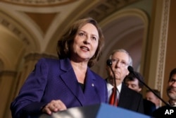FILE - Sen. Deb Fischer, R-Neb., speaks during a news conference on Capitol Hill, April 8, 2014.