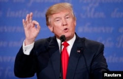 Republican U.S. presidential nominee Donald Trump speaks during the third and final debate with Democratic nominee Hillary Clinton (not pictured) at UNLV in Las Vegas, Nevada, Oct. 19, 2016.