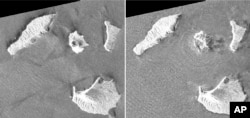 This combination of synthetic aperture radar images taken by JAXA's ALOS-2 satellite and analyzed by Geospatial Information Authority of Japan shows Indonesia's Anak Krakatoa volcano, center in images, before and after the Dec. 22, 2018, eruption. The images were taken Aug. 20, 2018, left, and Dec. 24, 2018, right. The satellite imagery showed a deformation on the volcano's southwest side.