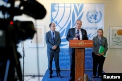 U.N. Independent Investigation on Burundi independent experts (L to R) Pablo de Greiff, Christof Heyns and Maya Sahli-Fadel speak upon presenting a final report, Sept. 27, 2016.