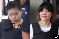 Indonesian Siti Aisyah, left, and Vietnamese Doan Thi Huong, right, are escorted by police as they leave their court hearing at Shah Alam court house in Shah Alam, outside Kuala Lumpur, Malaysia, Oct. 2, 2017.