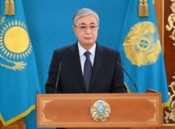 FILE - Kazakh President Kassym-Jomart Tokayev speaks during a televised address to the nation Jan. 7, 2022.